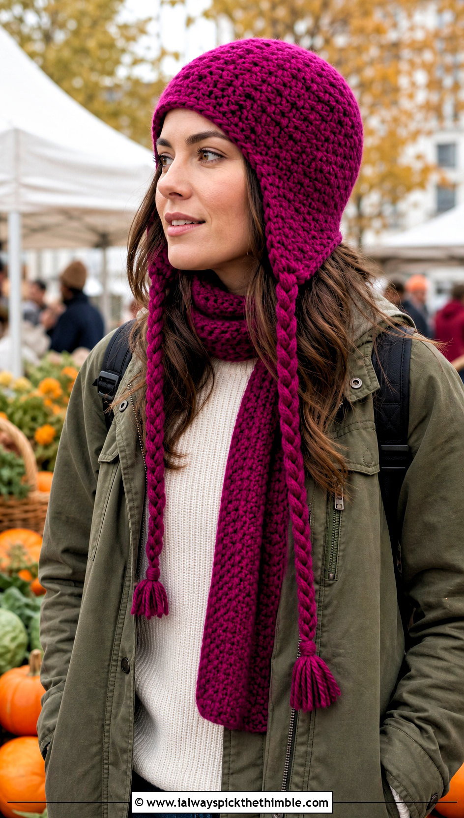Earflap Crochet Cap Scarf With Utility Jacket - 20 Crochet Cap Scarf outfit ideas