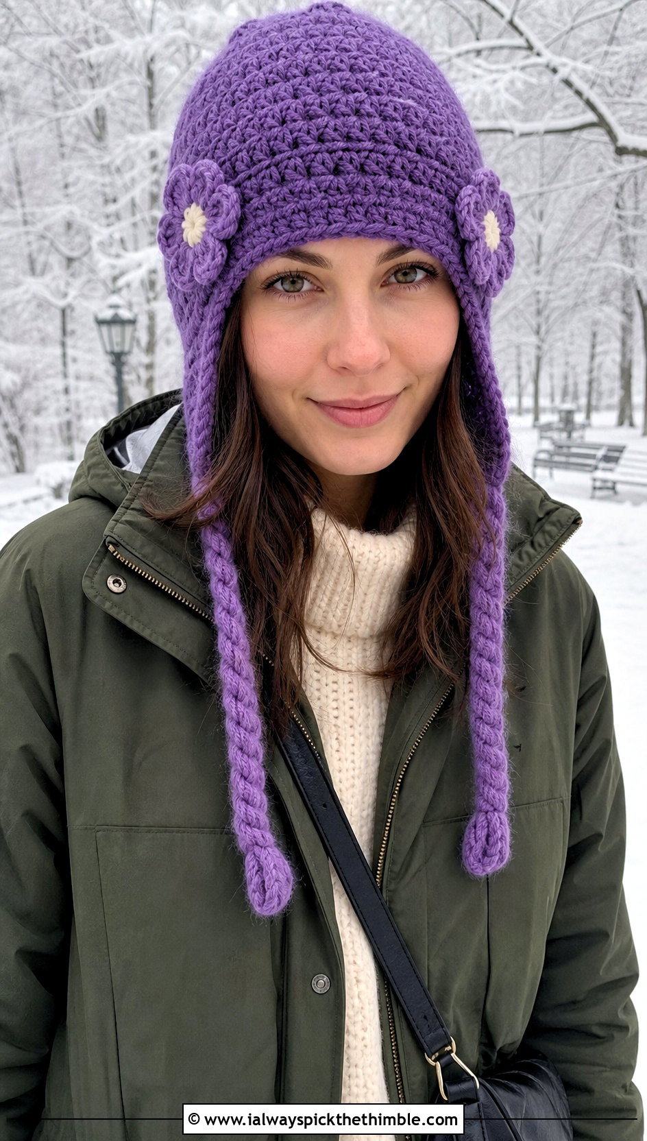 Earflap Crochet Flower Beanie With Parka - 20 crochet flower beanie outfit ideas