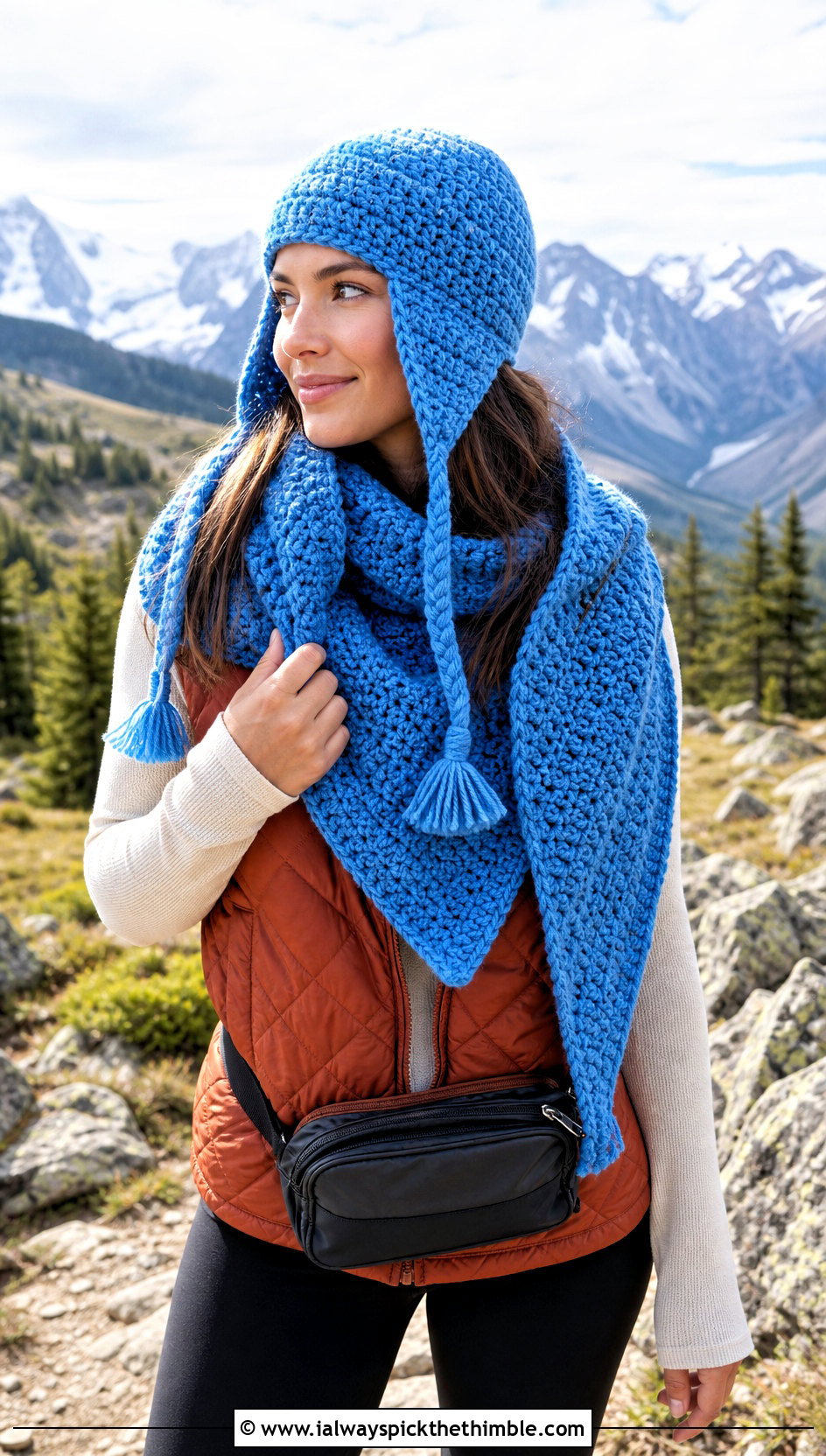 Earflap Crochet Hat And Blanket Scarf With Quilted Vest - 20 Crochet Scarf And Hat Set outfit ideas