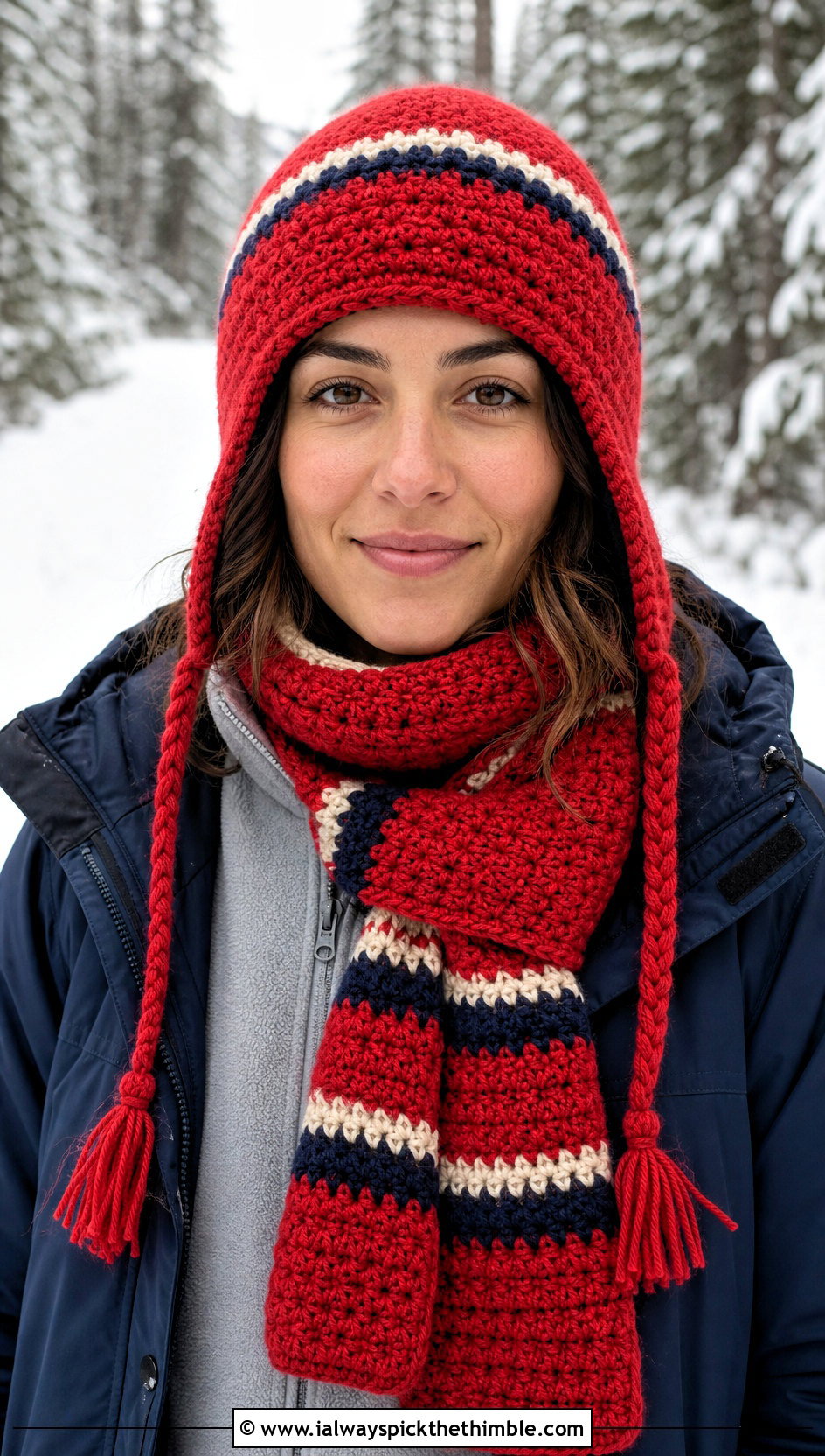 Earflap Crochet Hat And Striped Scarf With Parka - 20 crochet hat scarf outfit ideas