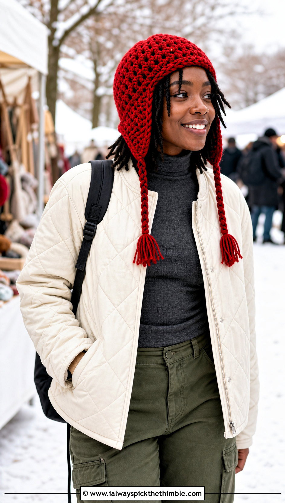 Earflap Crochet Hat With Quilted Jacket - 20 crochet hats black women outfit ideas