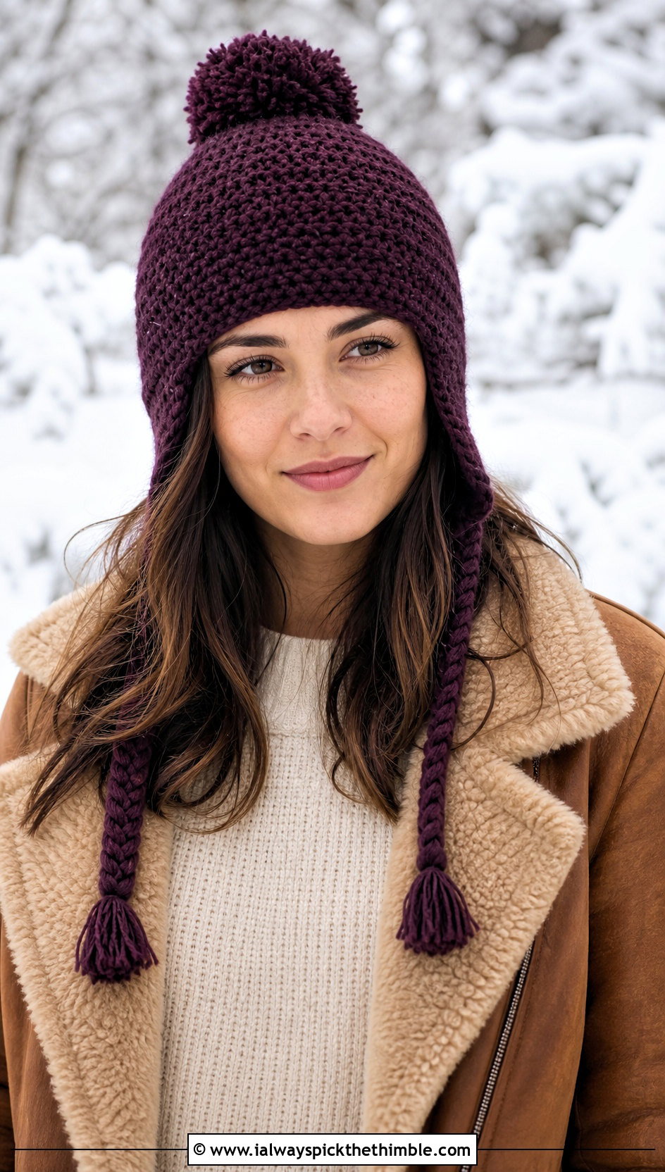 Earflap Crochet Pom Pom Beanie With Shearling Jacket - 20 crochet beanie with pom pom outfit ideas