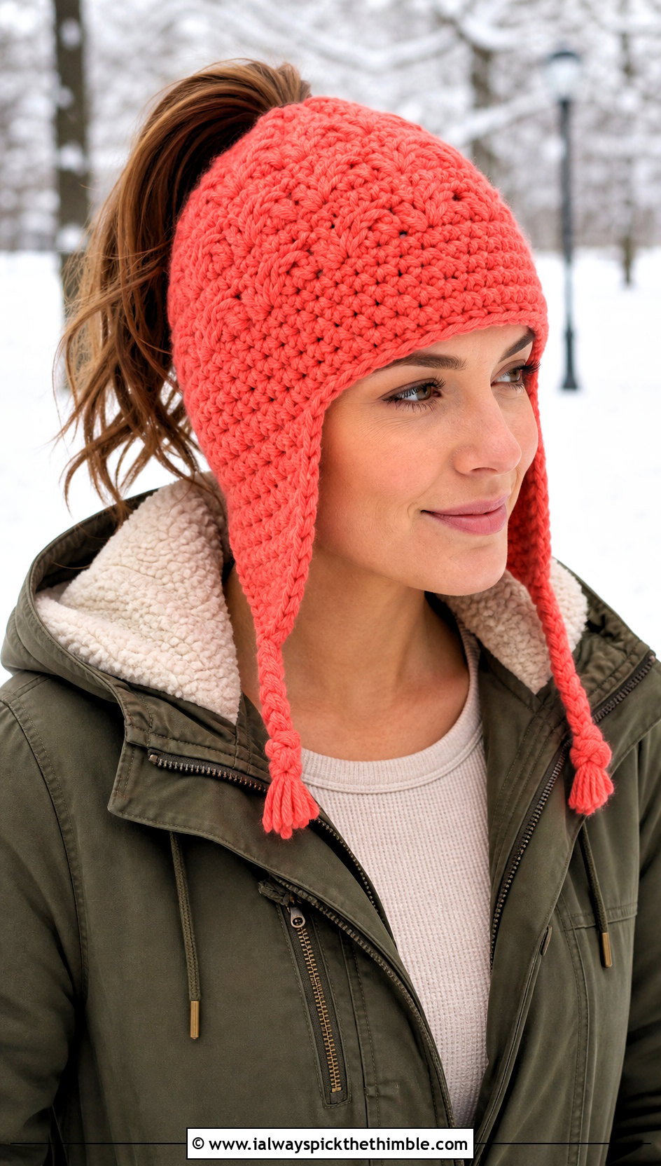 Earflap Crochet Ponytail Hat With Utility Coat - 20 easy crochet ponytail hat outfit ideas