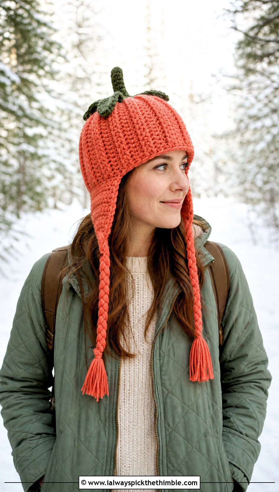 Earflap Crochet Pumpkin Beanie With Quilted Jacket - 20 crochet pumpkin beanie outfit ideas