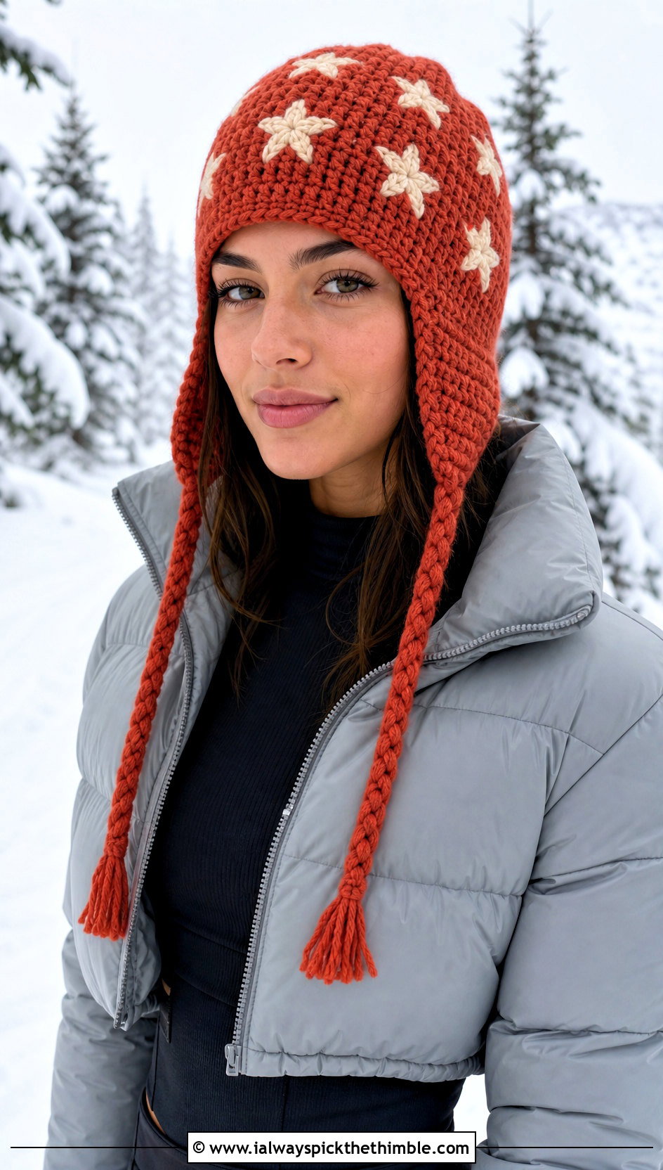 Earflap Crochet Star Beanie With Puffer Jacket - 25 crochet star beanie outfit ideas