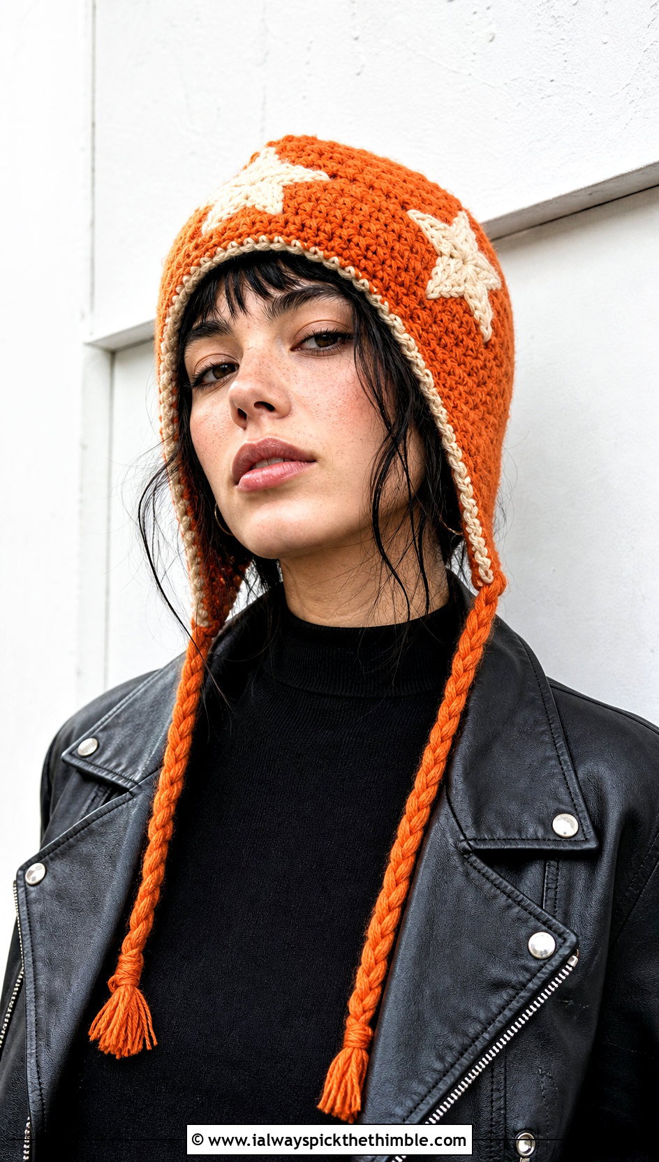 Earflap Crochet Star Hat With Leather Jacket - 20 crochet star hat outfit ideas