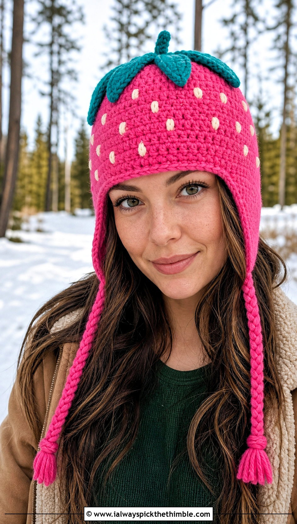 Earflap Crochet Strawberry Beanie With Sherpa Jacket - 20 Crochet Strawberry Beanie outfit ideas