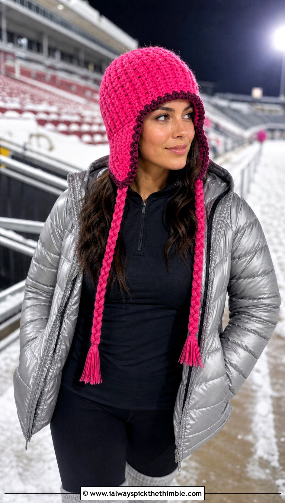 Earflap Crochet Team Hat With Puffer Jacket And Leggings - 20 Crochet Team Hat outfit ideas