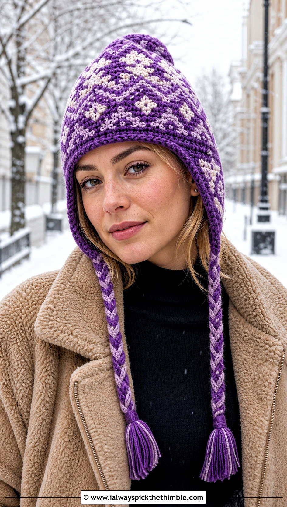Earflap Fair Isle Crochet Beanie With Shearling Jacket - 20 Crochet Fair Isle Beanie outfit ideas