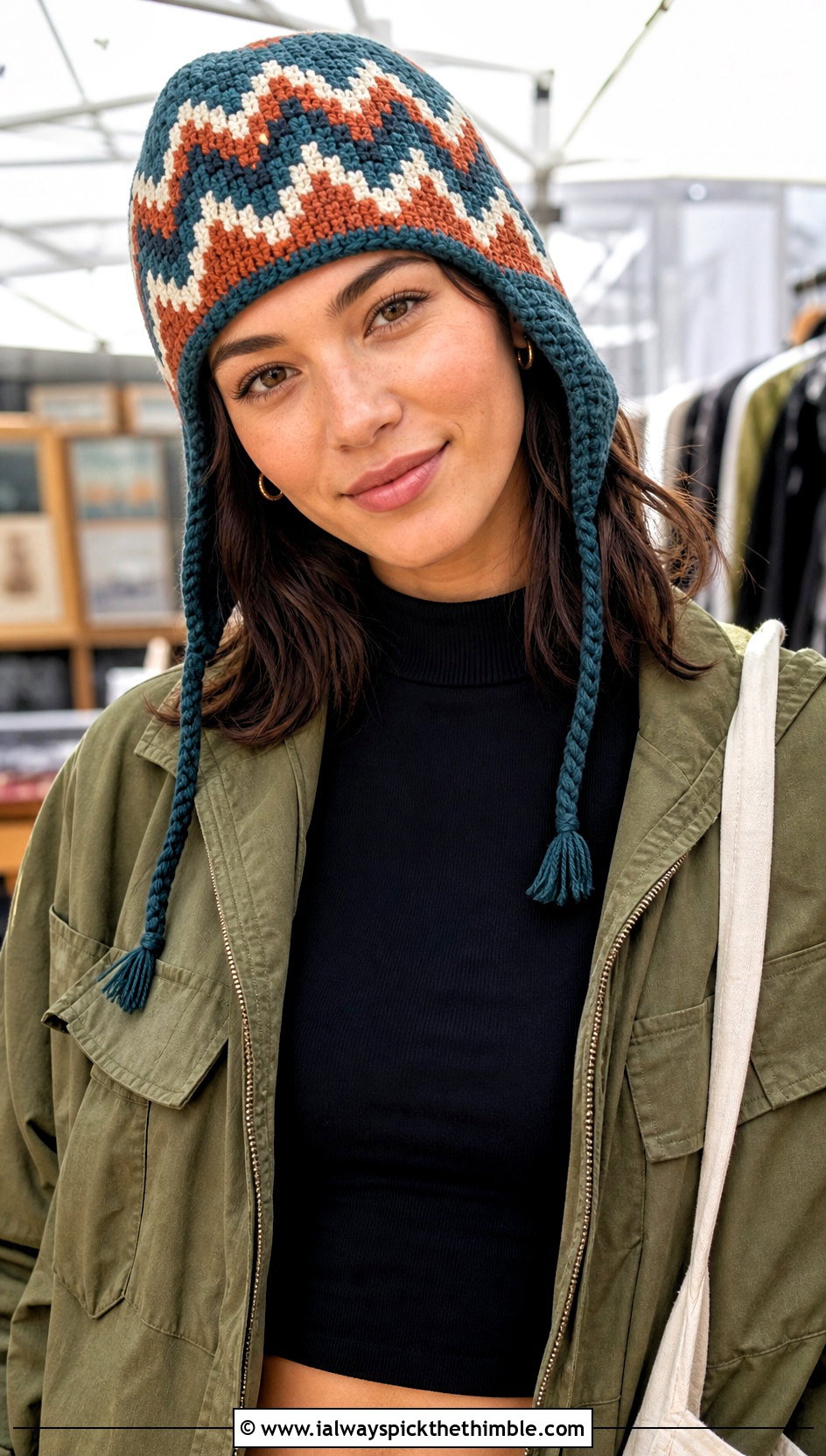 Earflap Fair Isle Crochet Beanie With Utility Jacket - 15 Fair Isle Crochet Beanie outfit ideas
