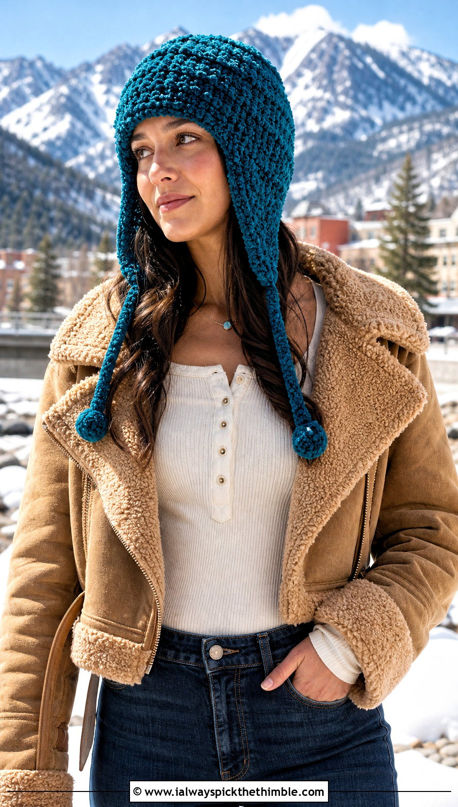 Earflap Fluffy Crochet Beanie With Shearling Jacket - 20 fluffy crochet beanie outfit ideas