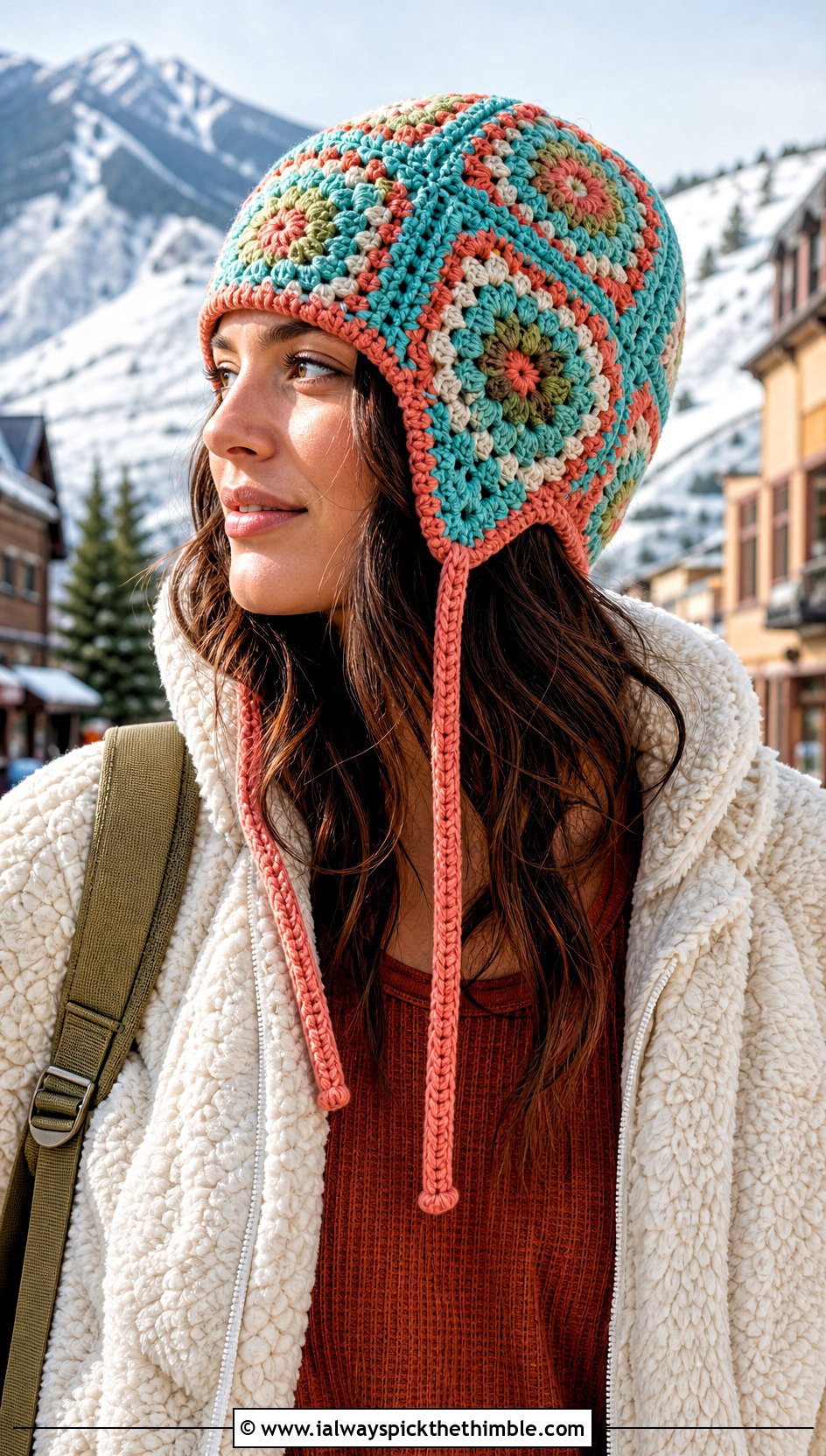 Earflap Granny Square Beanie With Sherpa Jacket - 25 crochet granny square beanie outfit ideas