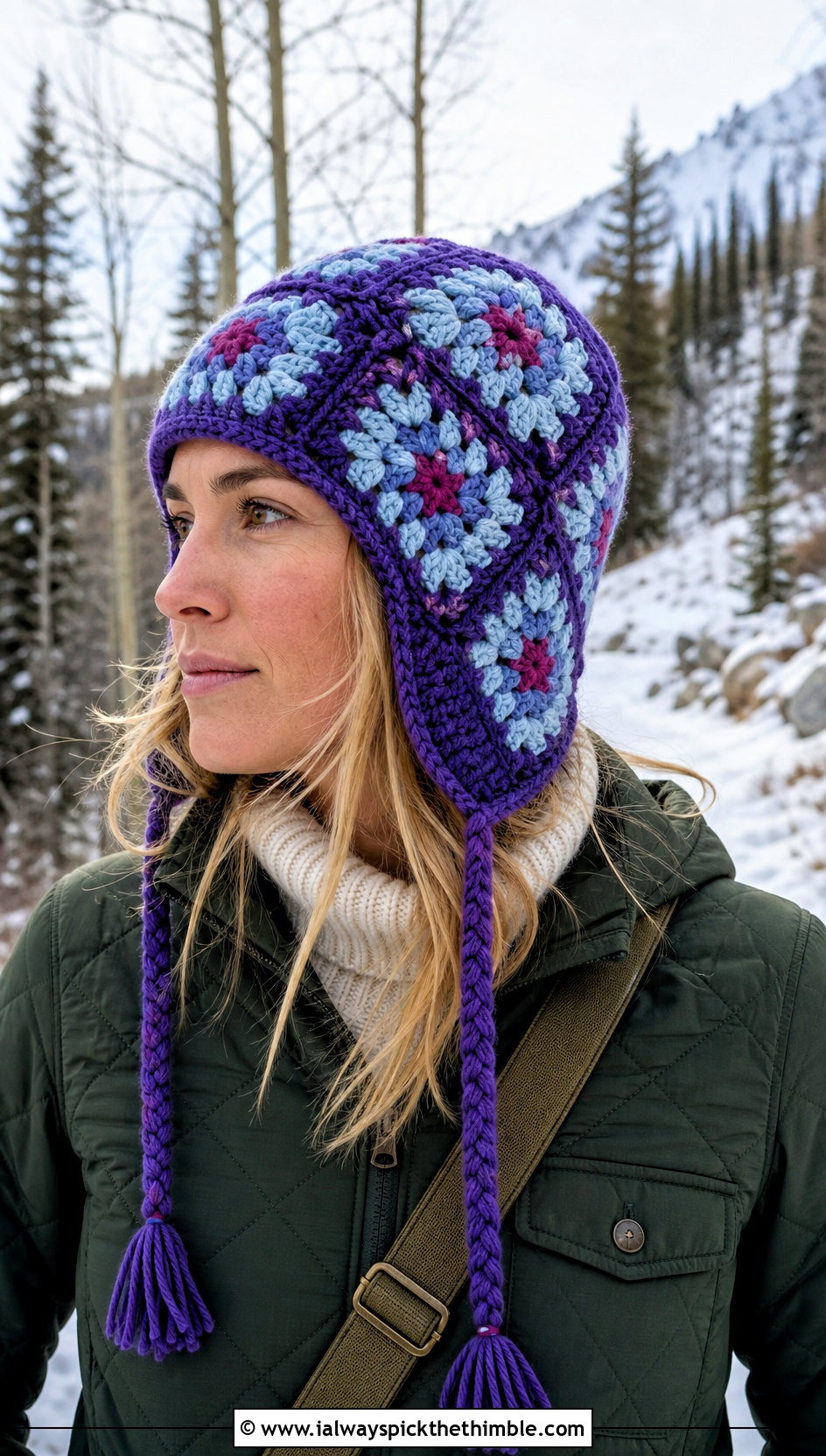 Earflap Granny Square Crochet Beanie With Quilted Jacket - 20 granny square crochet beanie outfit ideas
