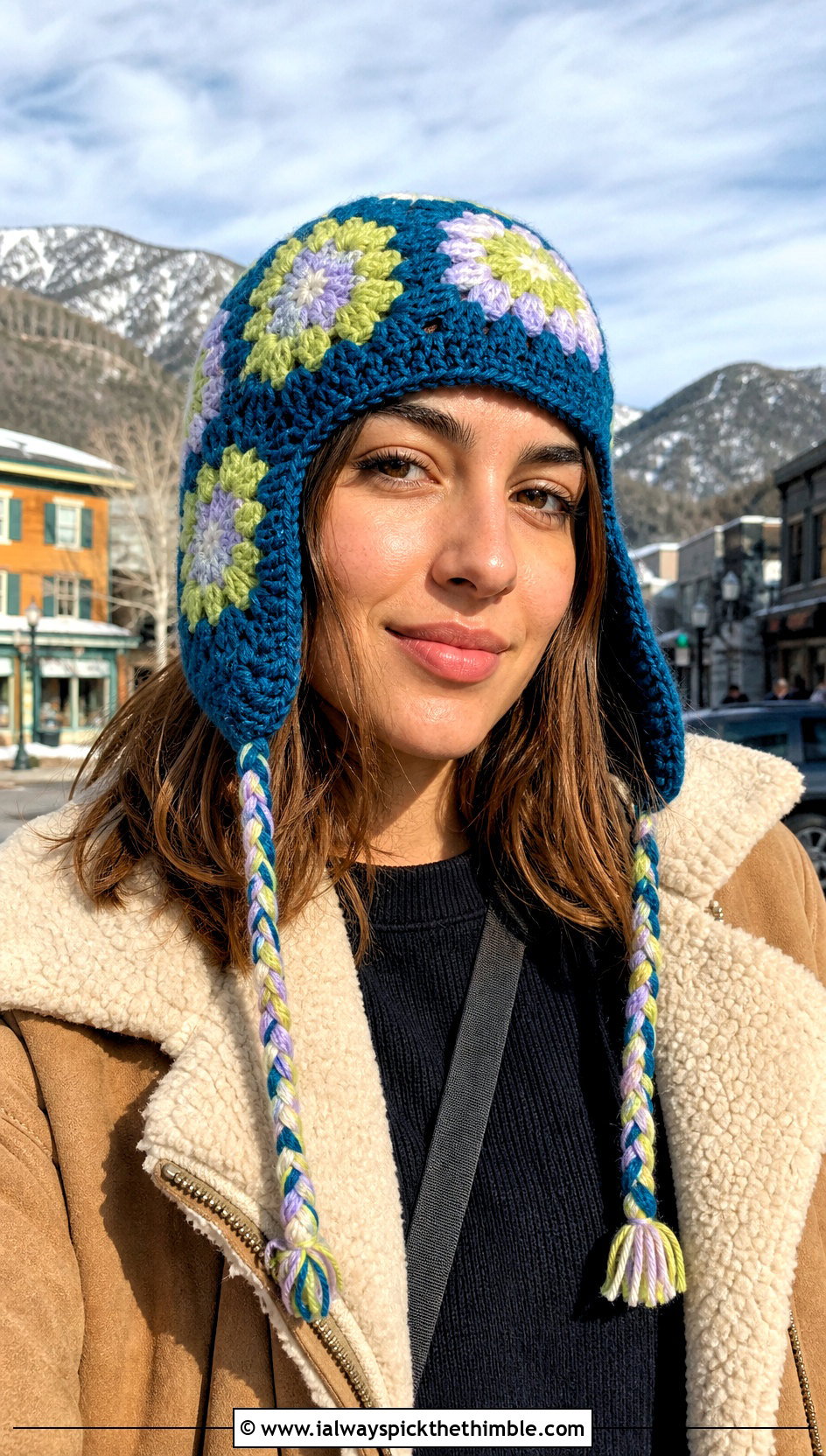 Earflap Granny Square Hat With Shearling Jacket - 25 granny square hat outfit ideas