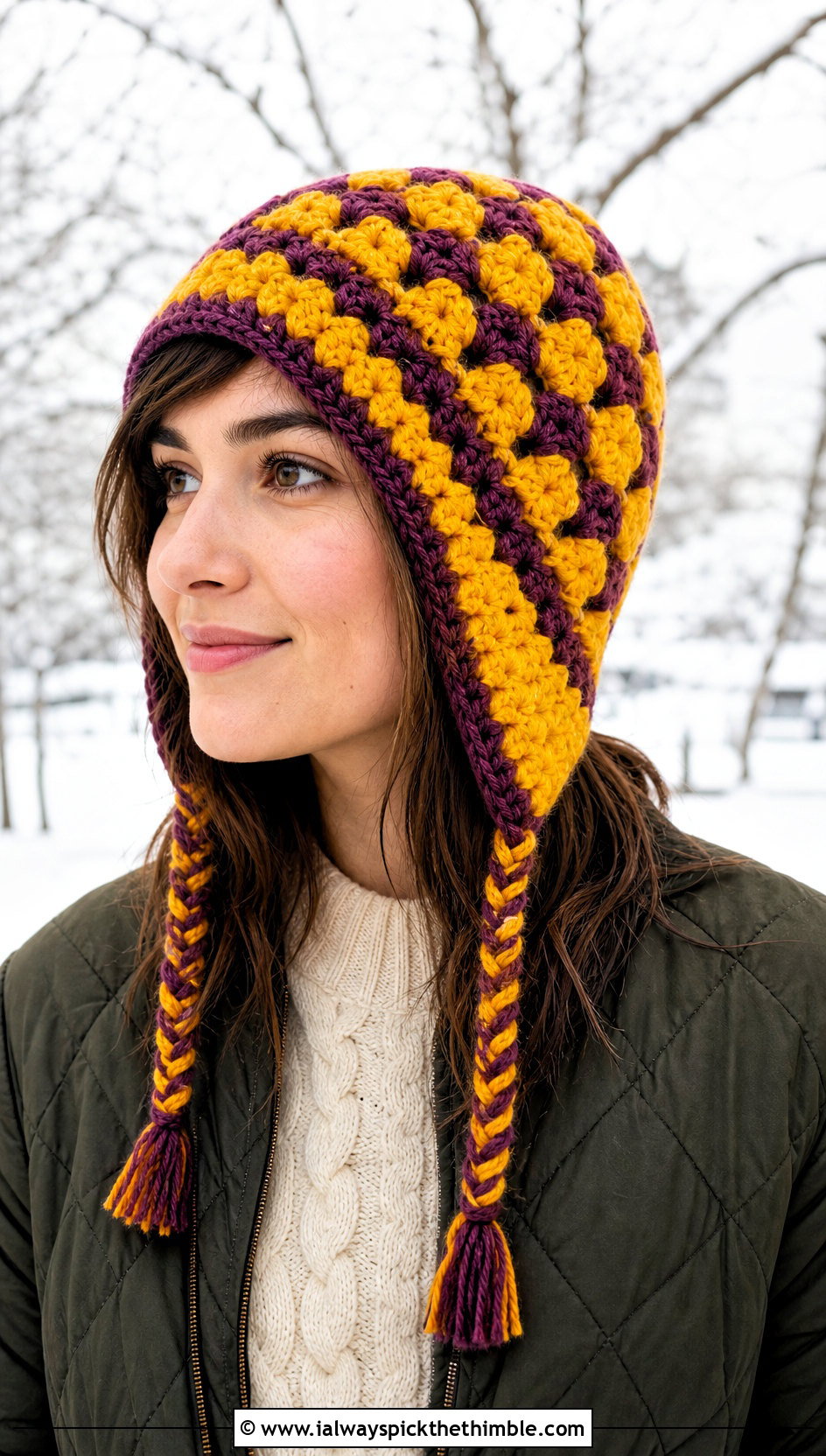 Earflap Granny Stitch Hat With Quilted Jacket - 20 Granny Crochet Hat outfit ideas