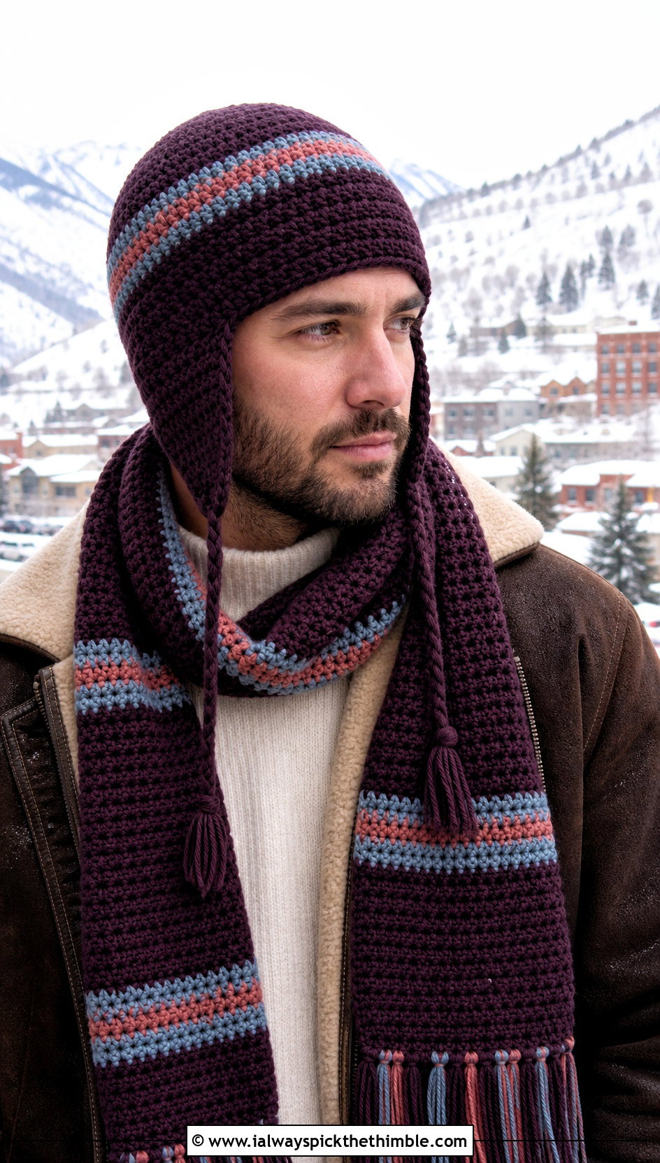 Earflap Hat And Striped Scarf With Shearling Jacket - 15 Mens Crochet Hat And Scarf outfit ideas