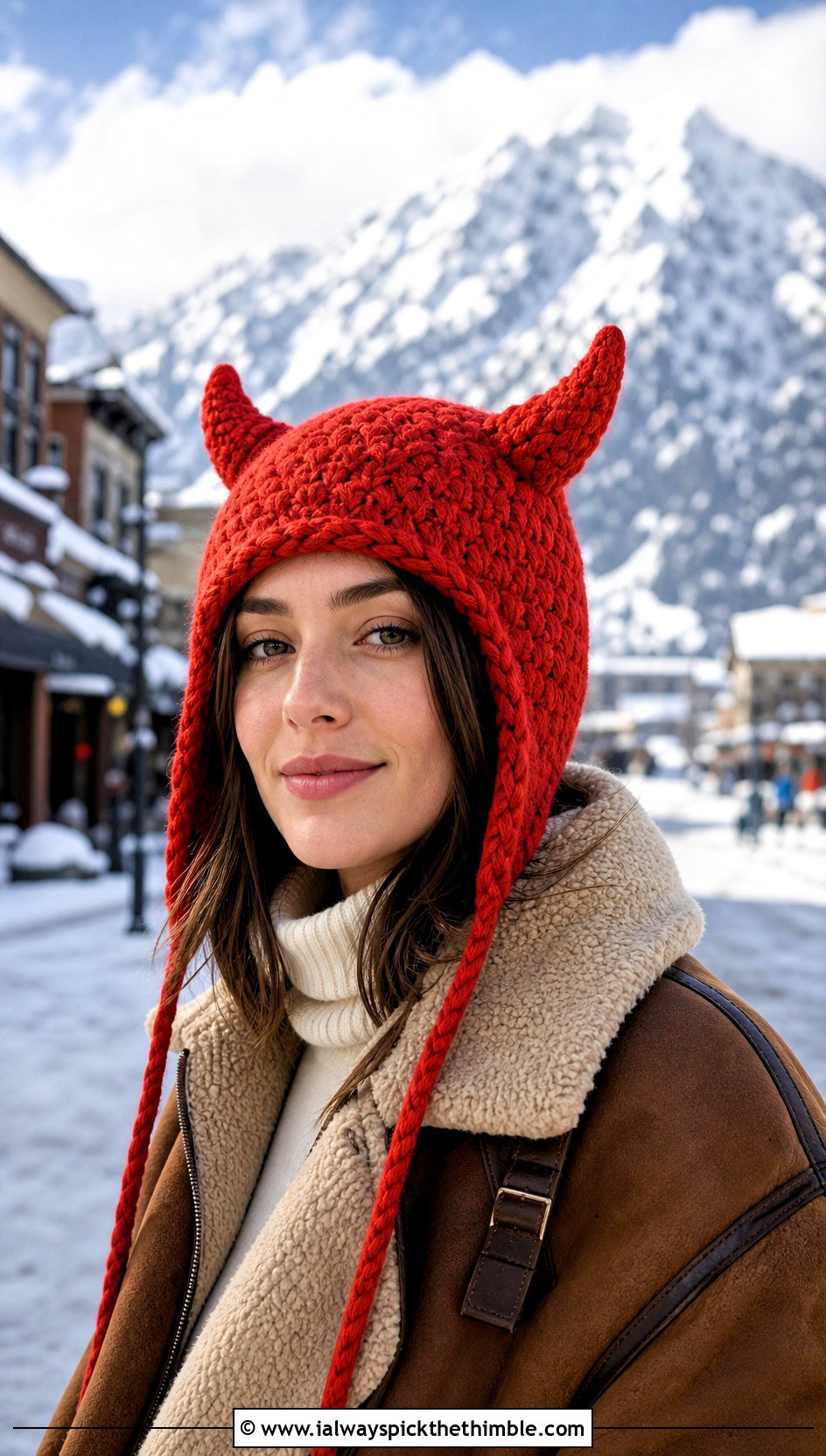 Earflap Horned Crochet Beanie With Shearling Jacket - 20 Crochet Horned Beanie outfit ideas