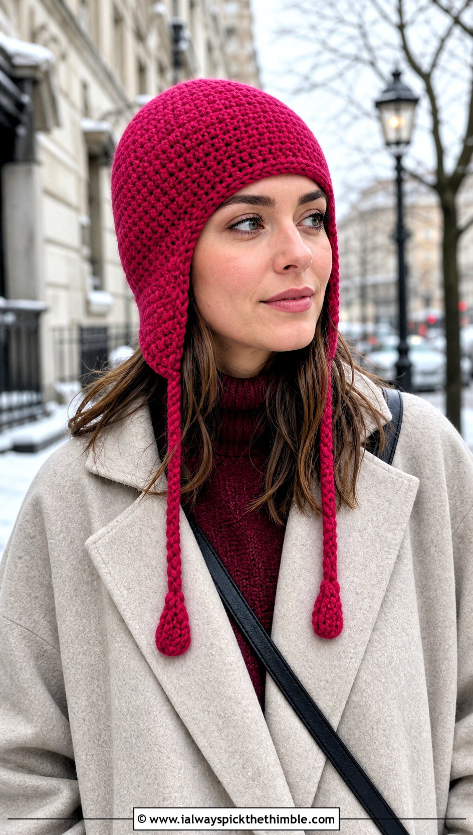 Earflap Knit Look Crochet Hat With Oversized Coat - 20 Crochet Knit Look Hat outfit ideas