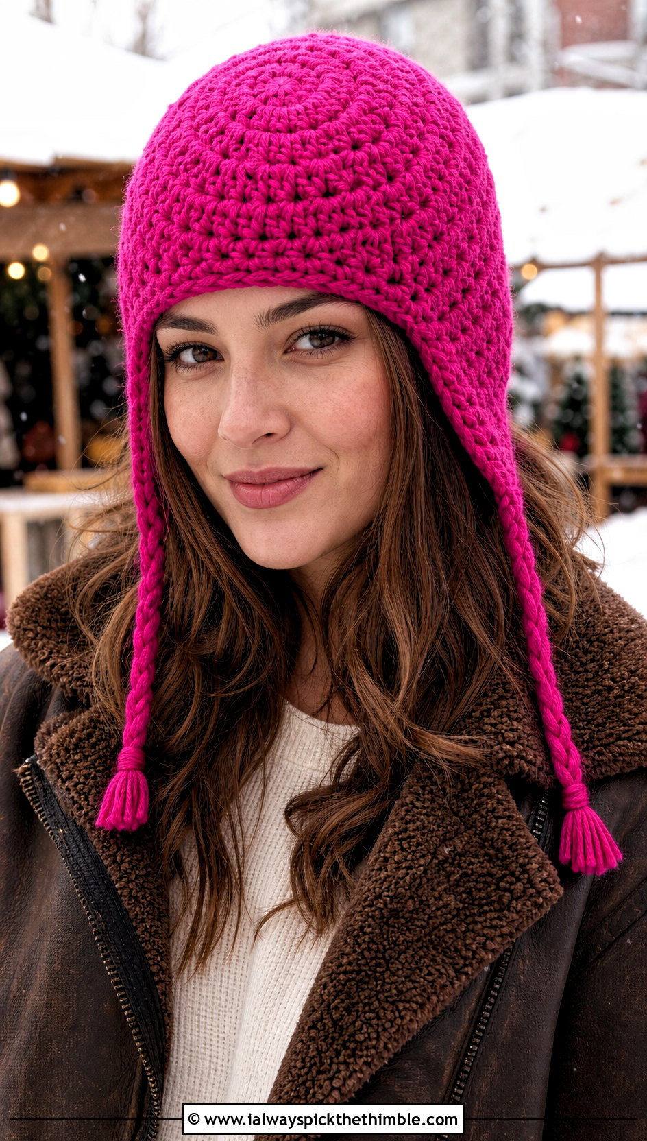 Earflap Magic Circle Crochet Hat With Shearling Jacket - 20 Magic Circle Crochet Hat outfit ideas