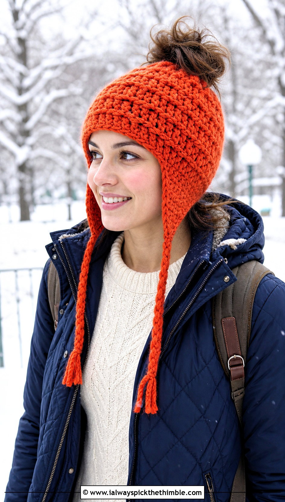Earflap Messy Bun Crochet Beanie With Quilted Coat - 20 easy messy bun crochet beanie outfit ideas