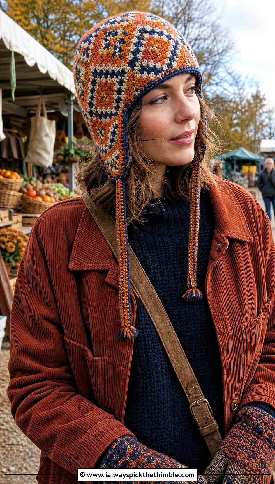 Earflap Mosaic Crochet Beanie With Corduroy Jacket - 20 Mosaic Crochet Beanie outfit ideas