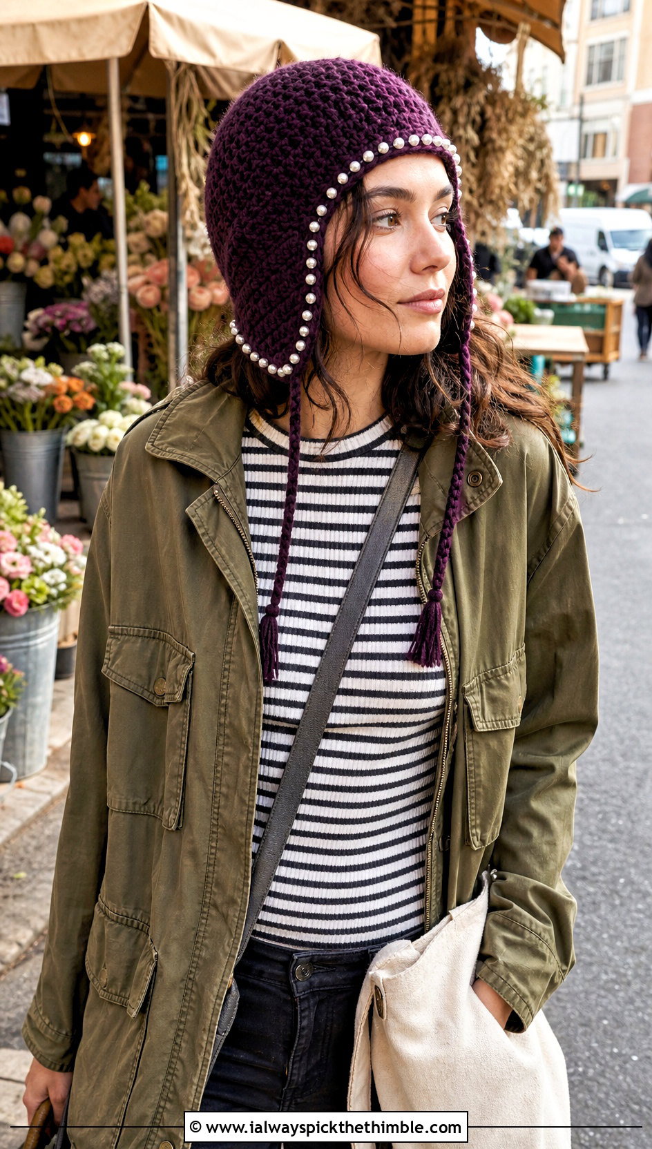 Earflap Pearl Crochet Beanie With Utility Jacket - 15 Pearl Crochet Beanie outfit ideas