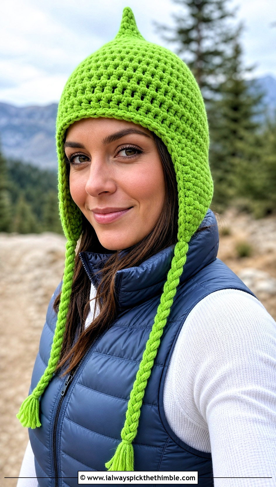 Earflap Pixie Crochet Hat With Puffer Vest And Joggers - 20 pointy crochet hat outfit ideas