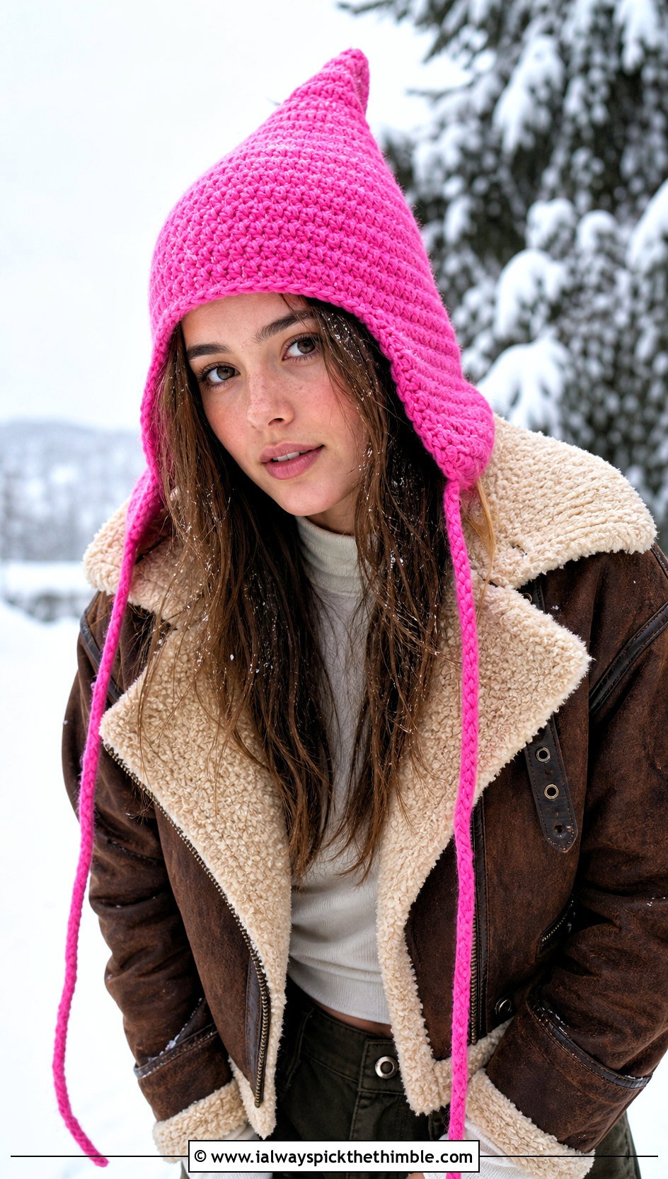 Earflap Pixie Crochet Pointed Hat With Aviator Jacket - 20 Crochet Pointed Hat outfit ideas