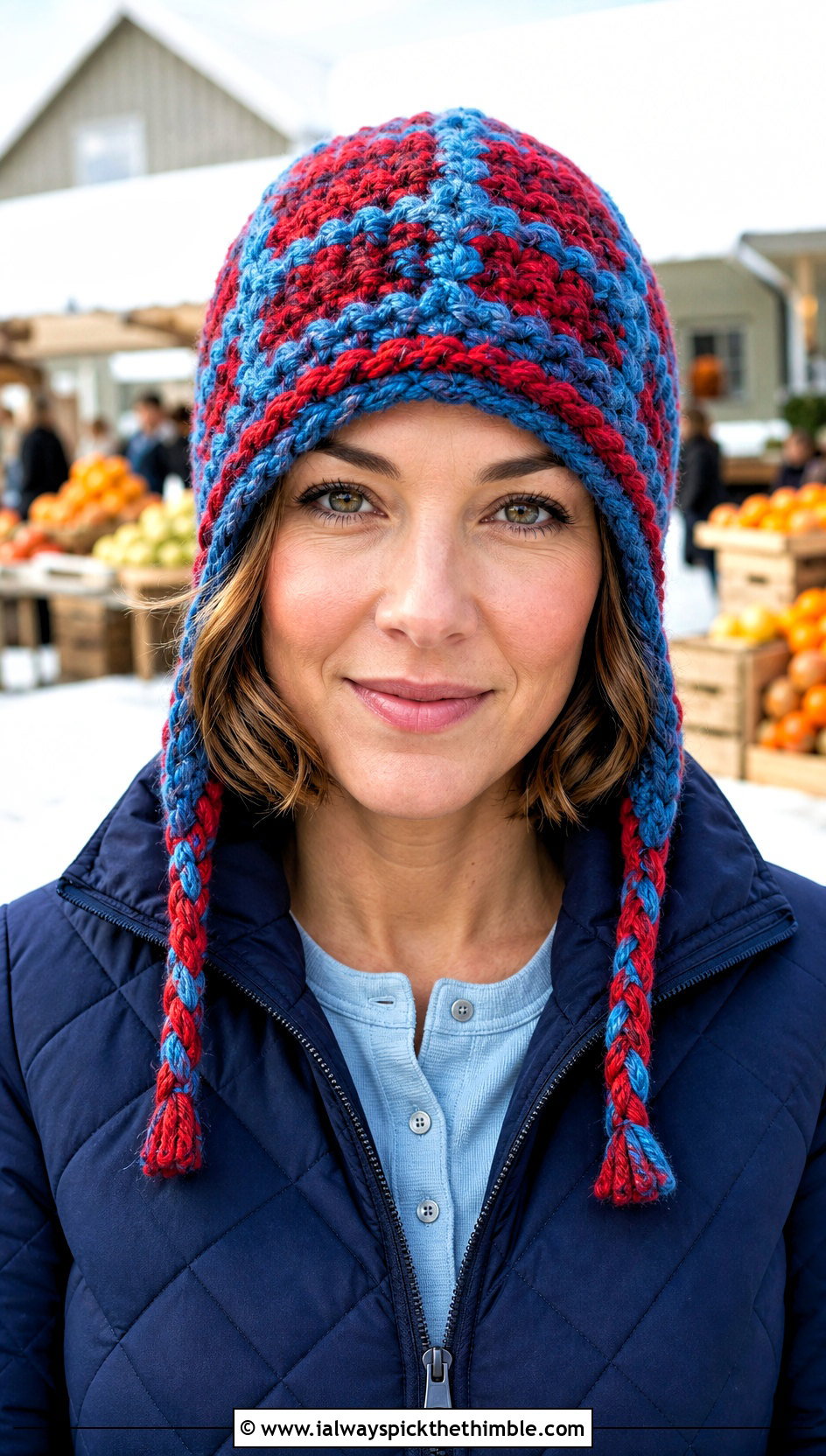 Earflap Plaid Crochet Beanie With Quilted Jacket - 15 Plaid Crochet Beanie outfit ideas