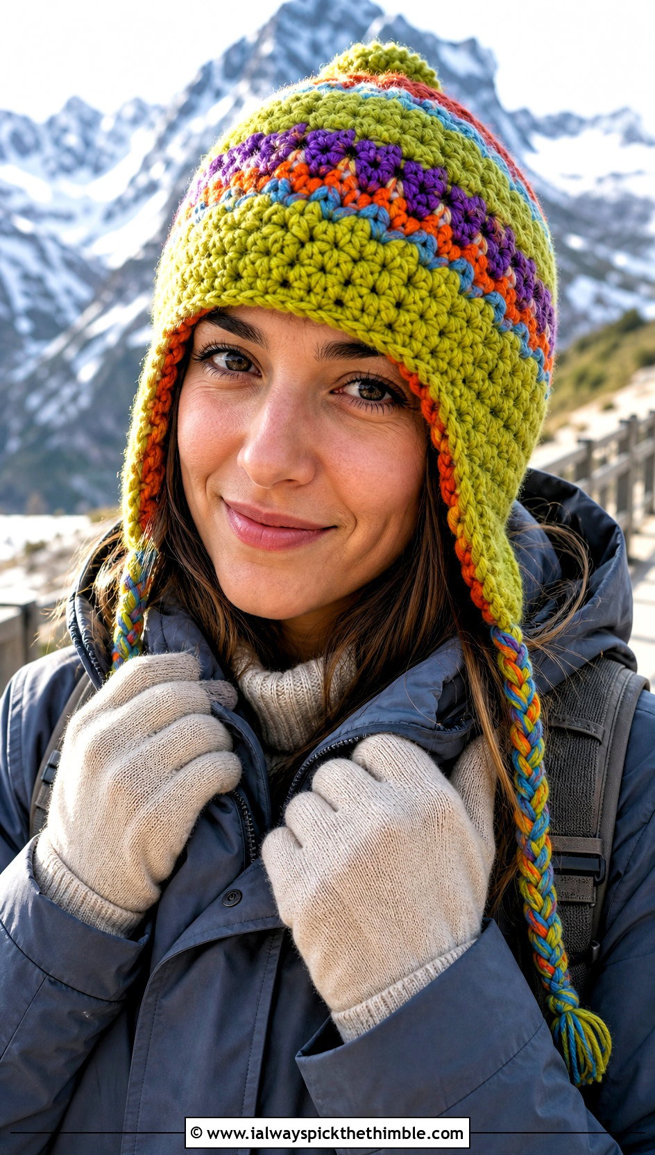 Earflap Scrap Crochet Beanie With Parka And Hiking Pants - 25 crochet scrap beanie outfit ideas