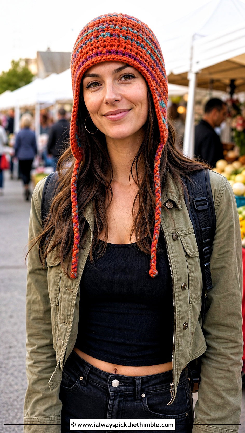 Earflap Scrap Yarn Crochet Beanie With Cargo Pants - 20 scrap yarn crochet beanie outfit ideas