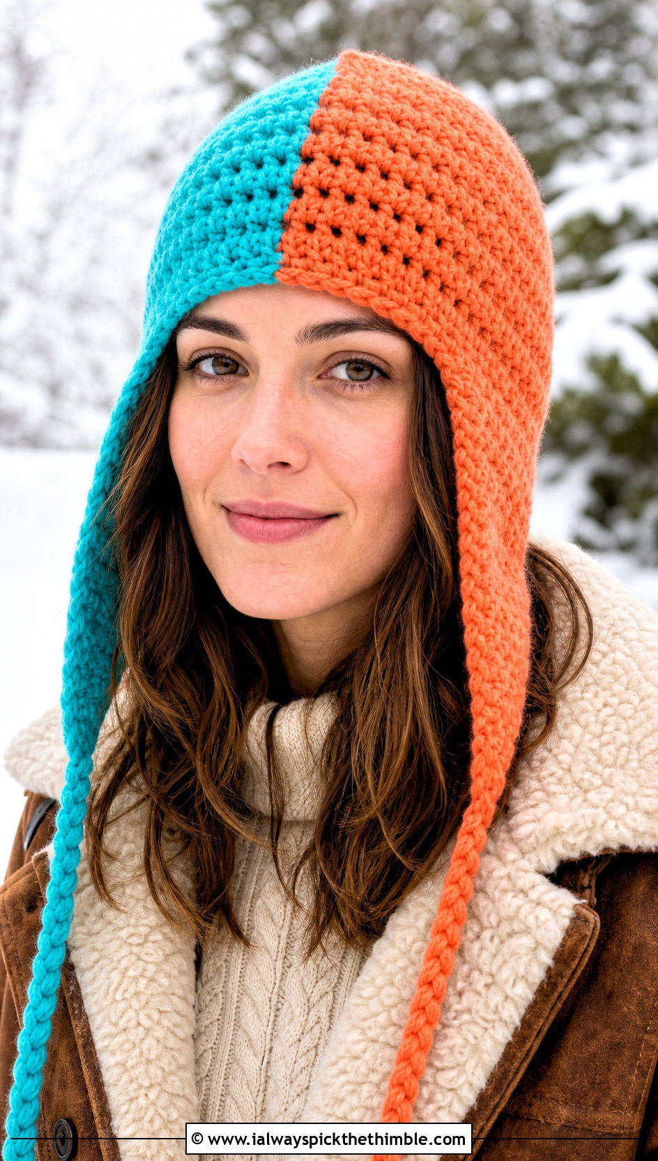 Earflap Split Color Crochet Beanie With Shearling Coat - 15 Split Color Crochet Beanie outfit ideas