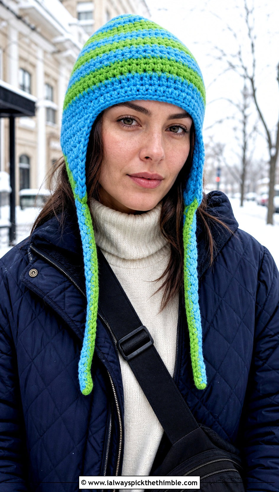 Earflap Striped Crochet Beanie With Quilted Jacket - 15 Crochet Striped Beanies outfit ideas