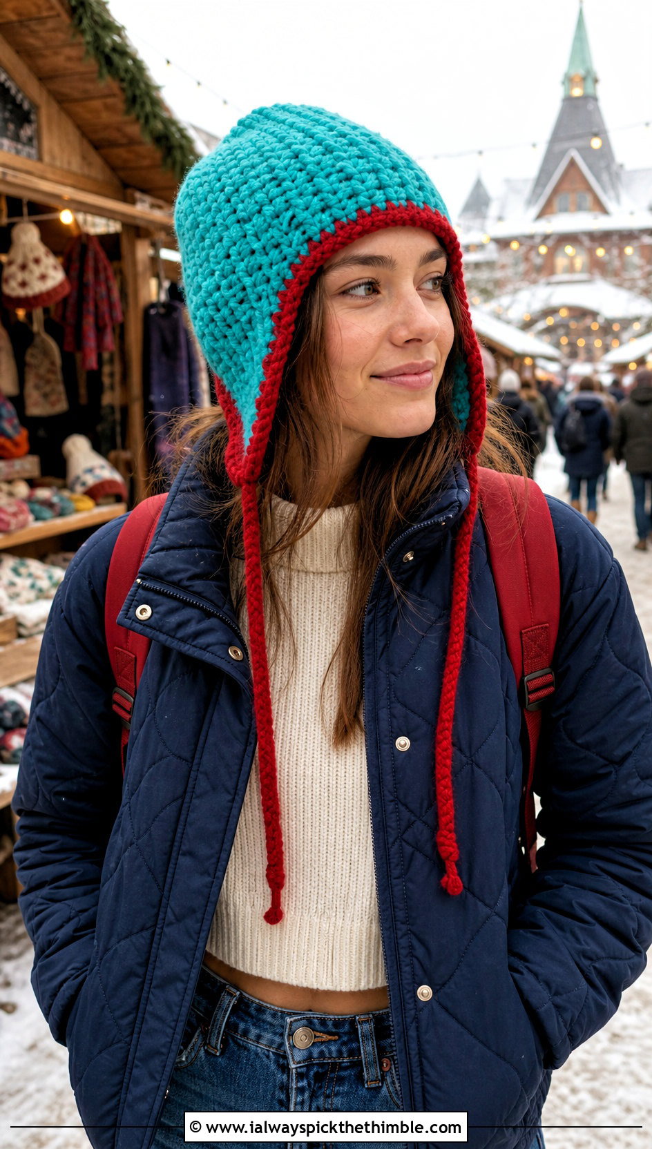 Earflap Two Tone Crochet Beanie With Quilted Jacket - 15 two tone crochet beanie outfit ideas