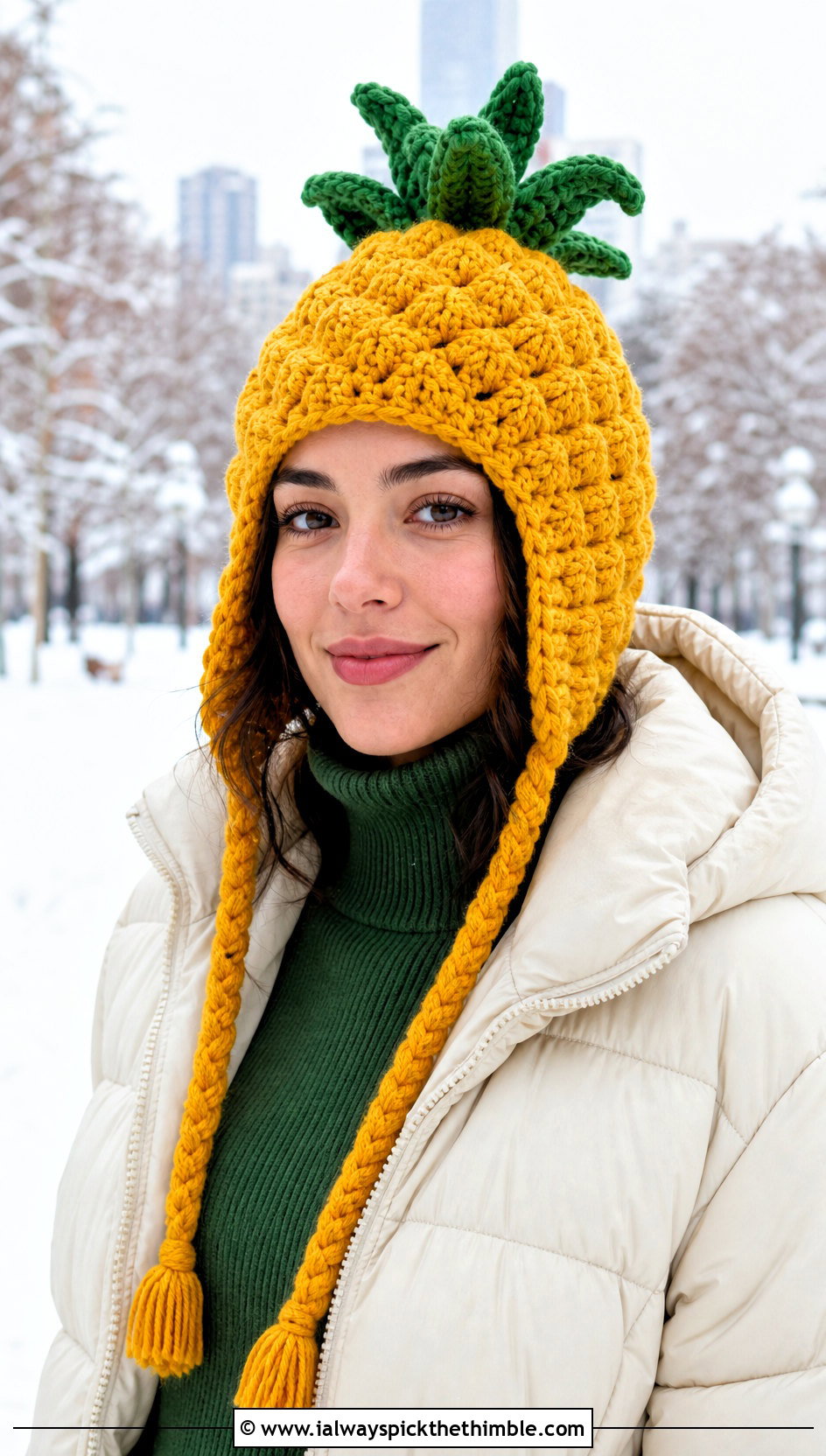 Earflap Yellow Crochet Pineapple Hat With A Puffer Jacket - 15 Yellow Crochet Pineapple Hat outfit ideas