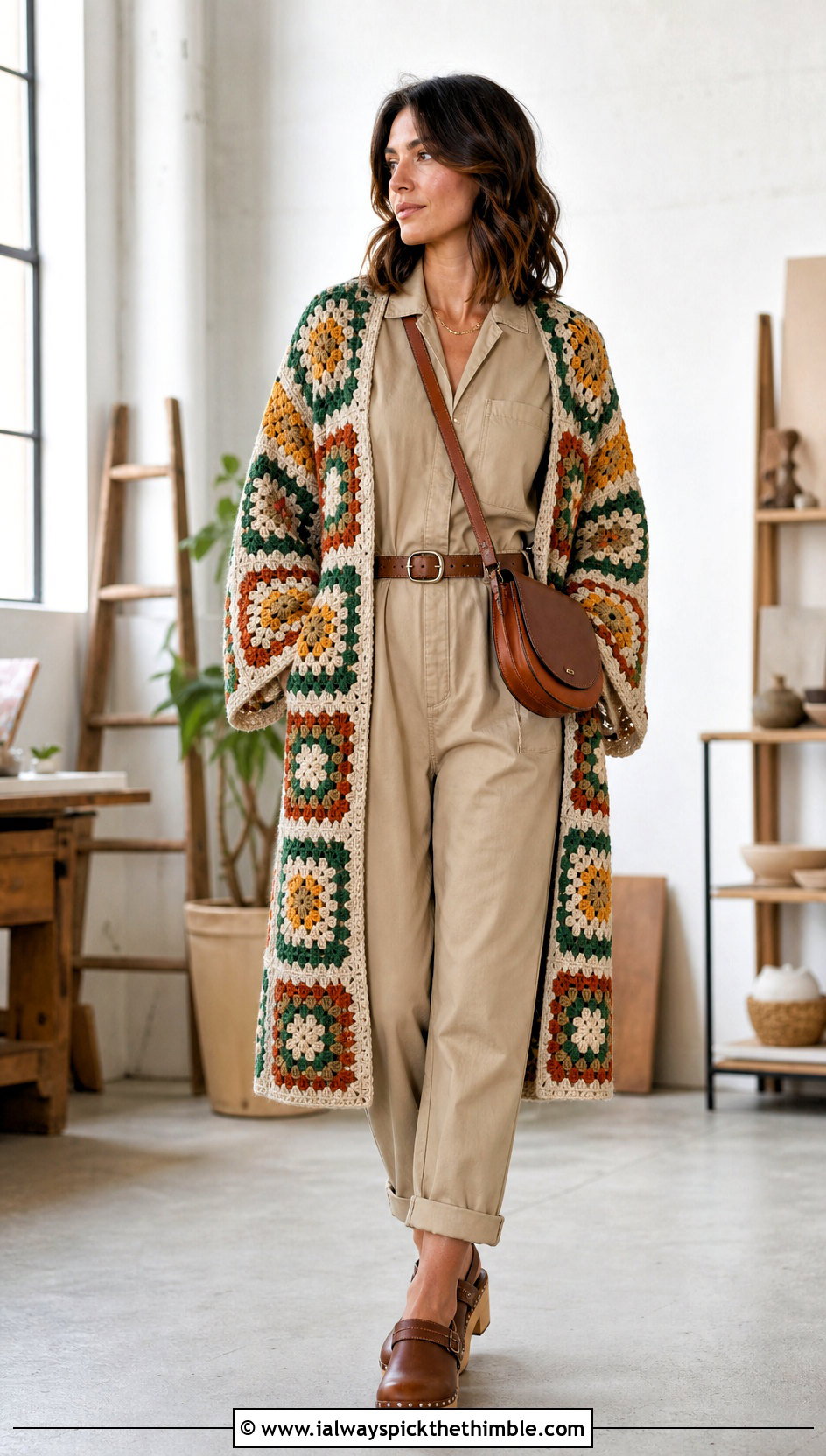 Earth Tone Granny Square Kimono With Utility Jumpsuit - 20 granny square kimono outfit ideas