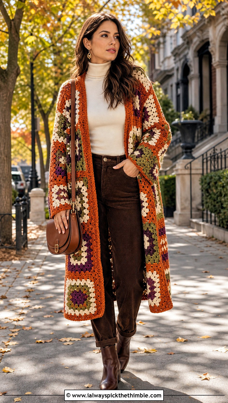 Earth Tone Granny Square Long Cardigan With Corduroy Pants - 25 long granny square cardigan outfit ideas