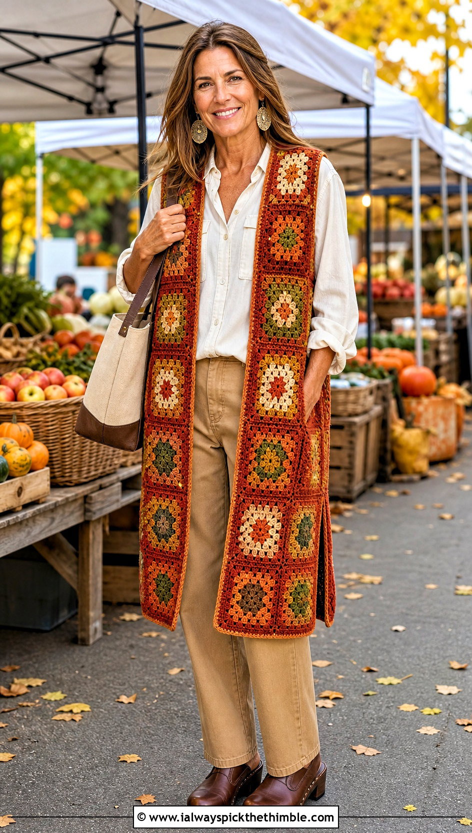 Earth Tone Granny Square Long Vest With Utility Shirt And Khaki Pants - 20 Granny Square Long Vest outfit ideas