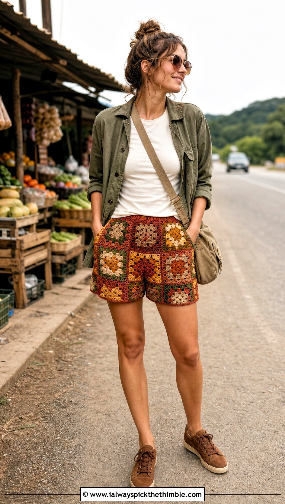 Earth Tone Granny Square Shorts With Utility Jacket - 25 granny square shorts outfit ideas