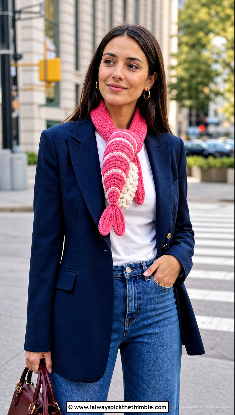 Ebi Nigiri Crochet Sushi Scarf With Blazer And Jeans - 20 crochet sushi scarf outfit ideas
