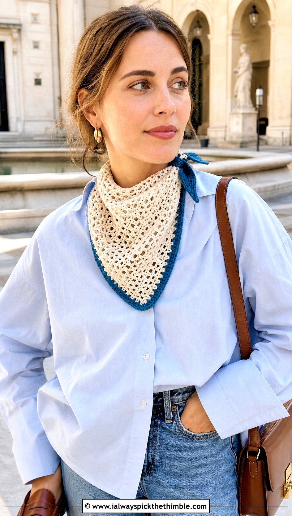 Ecru Bandana Crochet Scarf With Button Down And Jeans - 15 neutral tone crochet scarf outfit ideas