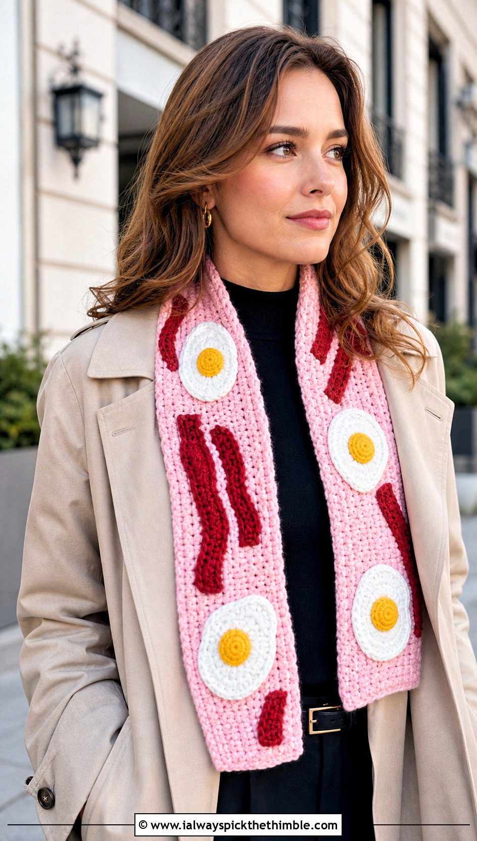 Egg Applique Bacon Scarf With Trench Coat - 20 Crochet Bacon And Eggs Scarf outfit ideas