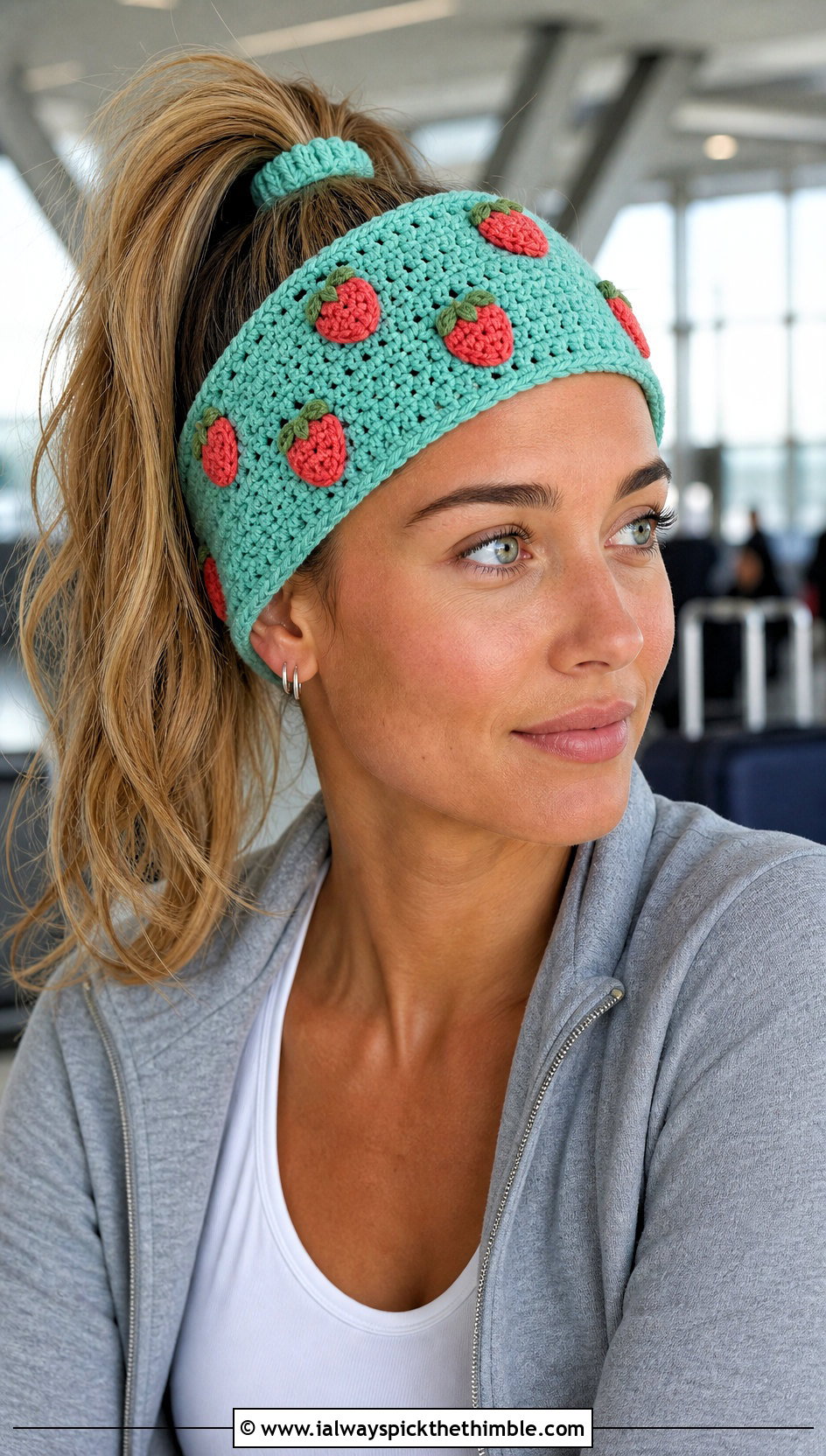 Elastic Back Strawberry Headband With Matching Tracksuit - 25 Crochet Strawberry Headband outfit ideas