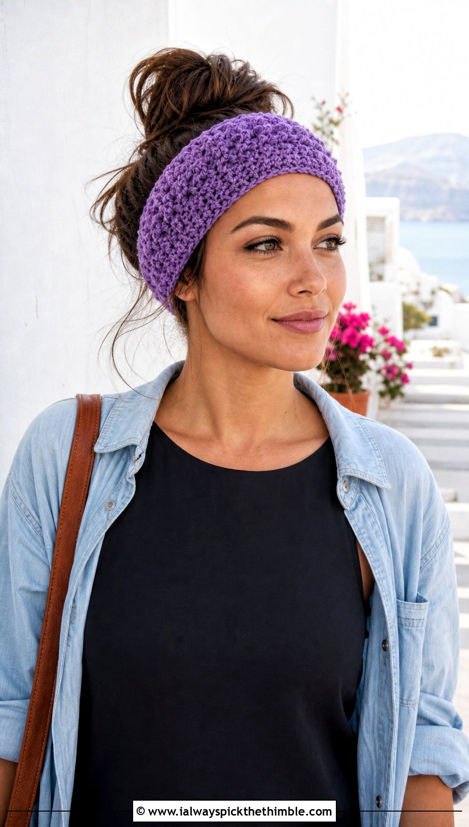 Elasticated Crochet Headband With Column Dress And Denim Shirt - 25 crochet headbands for women outfit ideas