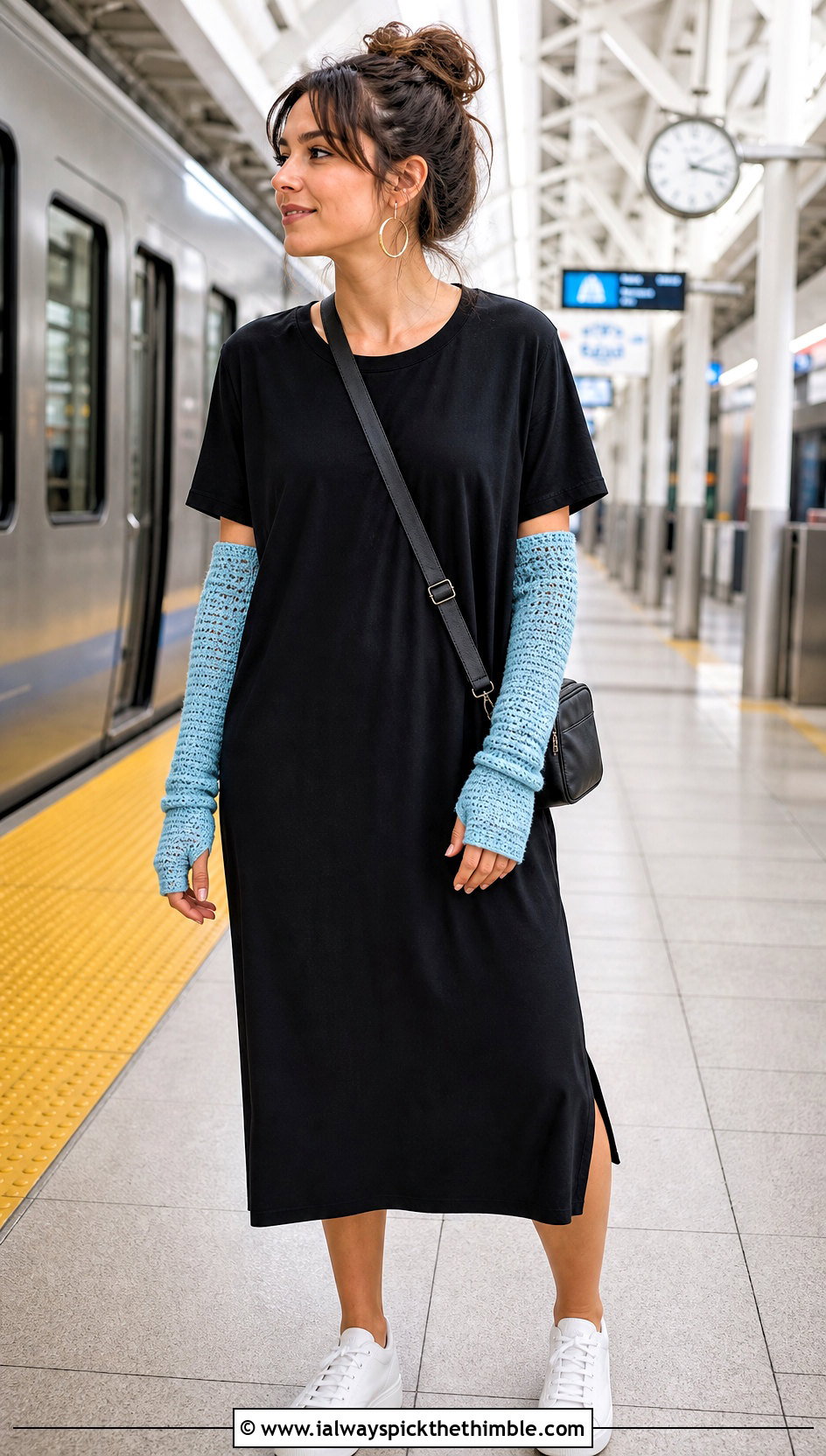 Elbow Length Crochet Arm Warmers With T Shirt Dress And Sneakers - 25 crochet arm warmers outfit ideas