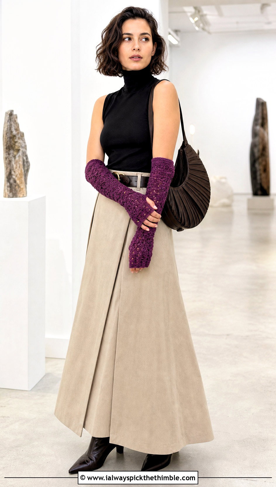 Elbow Length Crochet Gauntlet Gloves With Sleeveless Turtleneck And Maxi Skirt - 20 Diy Crochet Fingerless Gloves outfit ideas
