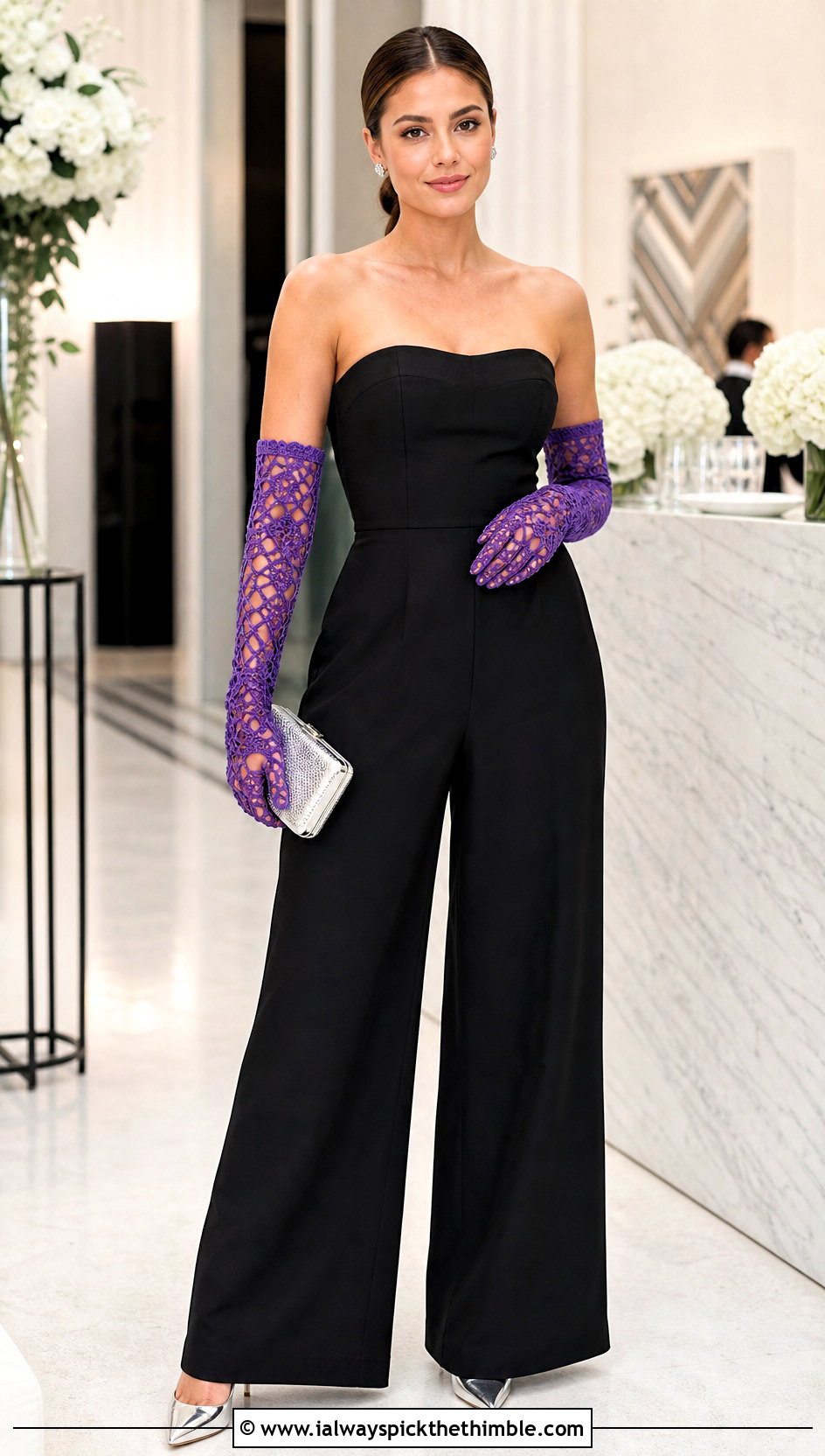 Elbow Length Crochet Lace Gloves With Strapless Jumpsuit - 20 lace crochet gloves outfit ideas