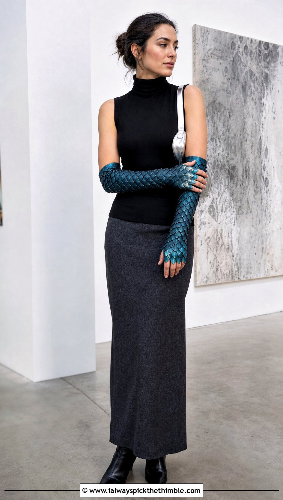 Elbow Length Dragon Scale Arm Warmers With Maxi Skirt - 20 dragon scale crochet gloves outfit ideas