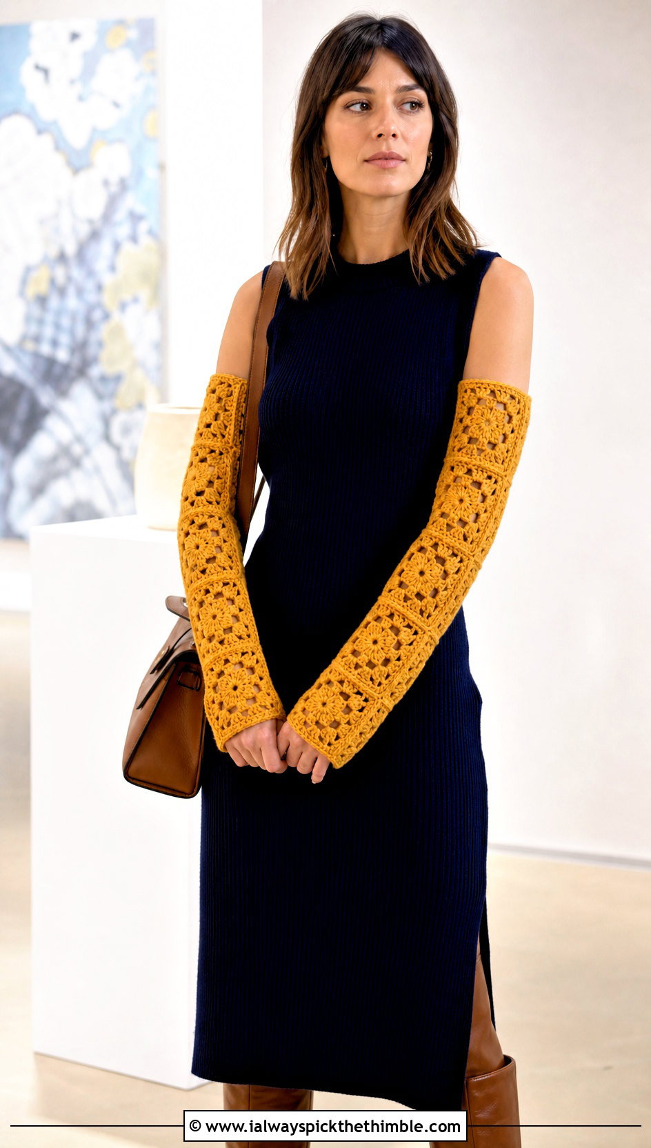 Elbow Length Granny Square Arm Warmers With Knit Dress - 20 Granny Square Arm Warmers outfit ideas