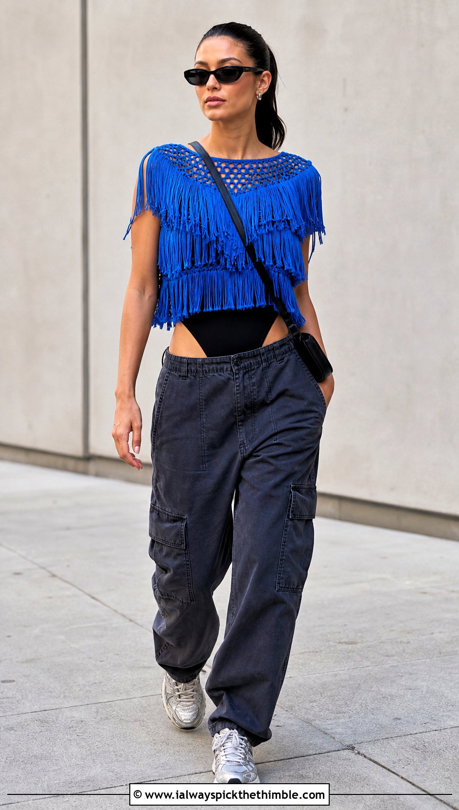 Electric Blue Crochet All Over Fringe Crop Top With Cargo Pants - 15 Blue Crochet Top With Fringes outfit ideas